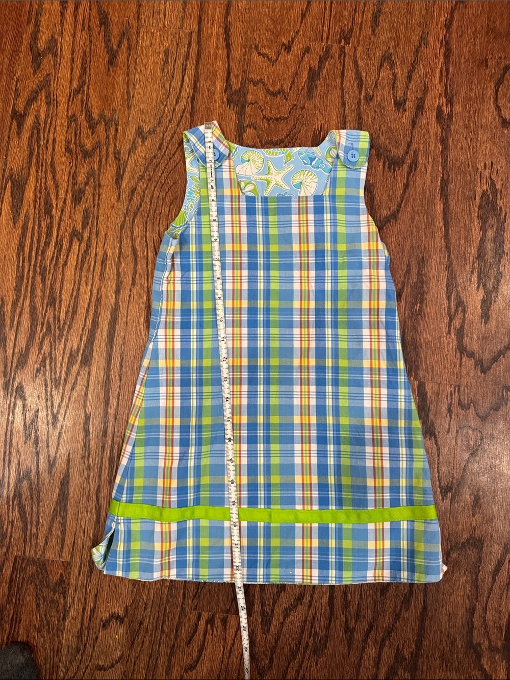 Girls' Blue & Green Plaid/Sea Creatures Reversible Shift Dress (see measurements
